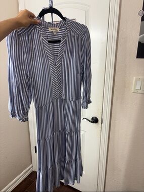 Monteau Rails Blue and White Striped Tiered Midi Dress